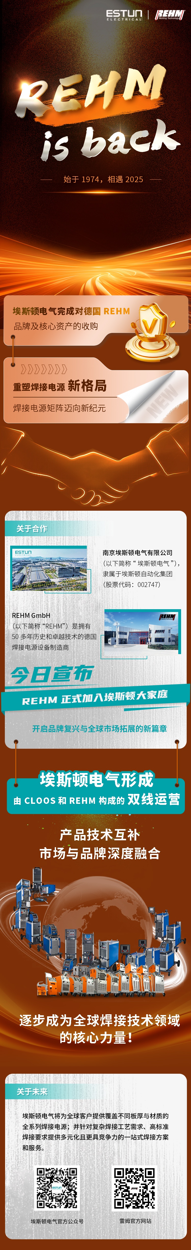 埃斯顿电气完成对德国REHM品牌及核心资产的购买，焊接电源矩阵迈向新纪元