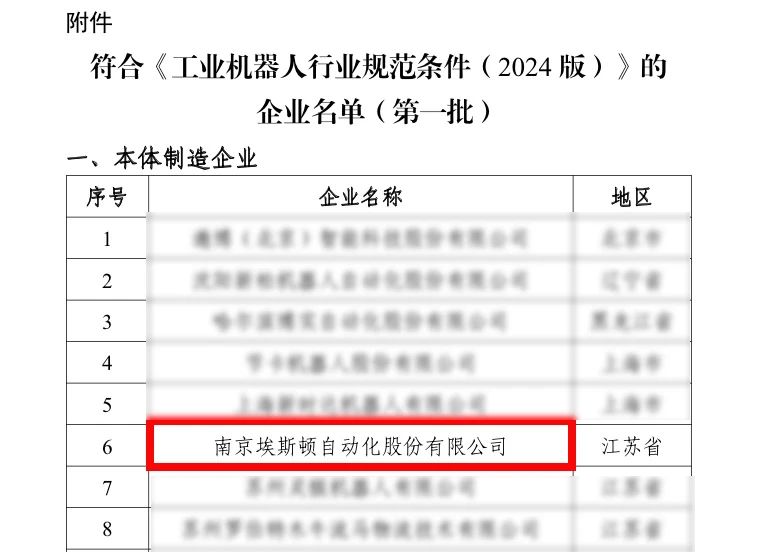 工信部认可！埃斯顿入选国家级工业机器人行业规范条件企业名单